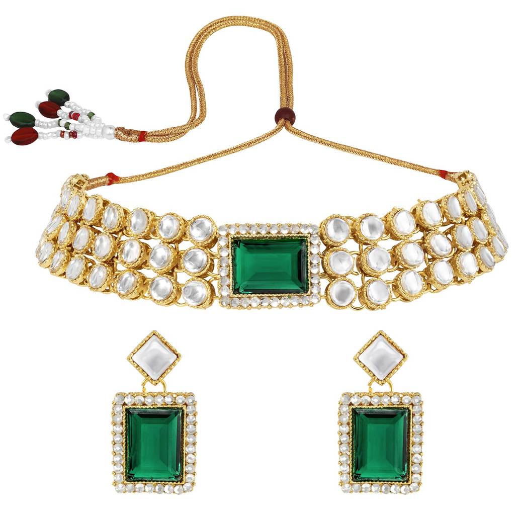 Gold Plated Kundan/Crystal Choker Necklace Earring Indian Traditional Jewellery Set For Women-Pf24N37 : PF24N37G