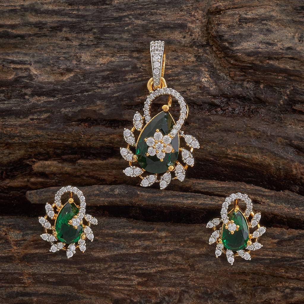 Kushal'S Fashion Jewellery Green Rhodium-Plated Party Zircon Pendant Set -181546 : 433963