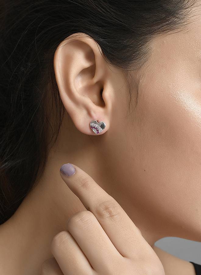 Valentine'S Day Collection Pink And Silver Cz Heart Stud Earrings : 8905124492859