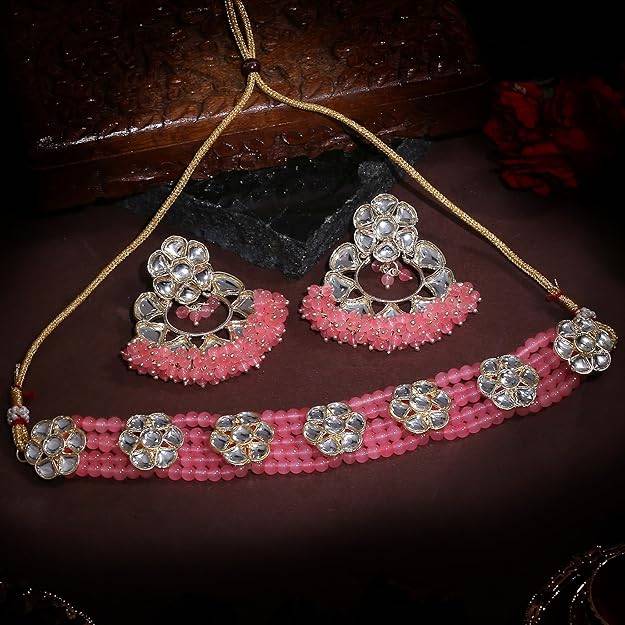 Estele Gold Plated Elegant Gehena Necklace Set With Mint Pink Beads For Women : PJ-027-IGMPNKER