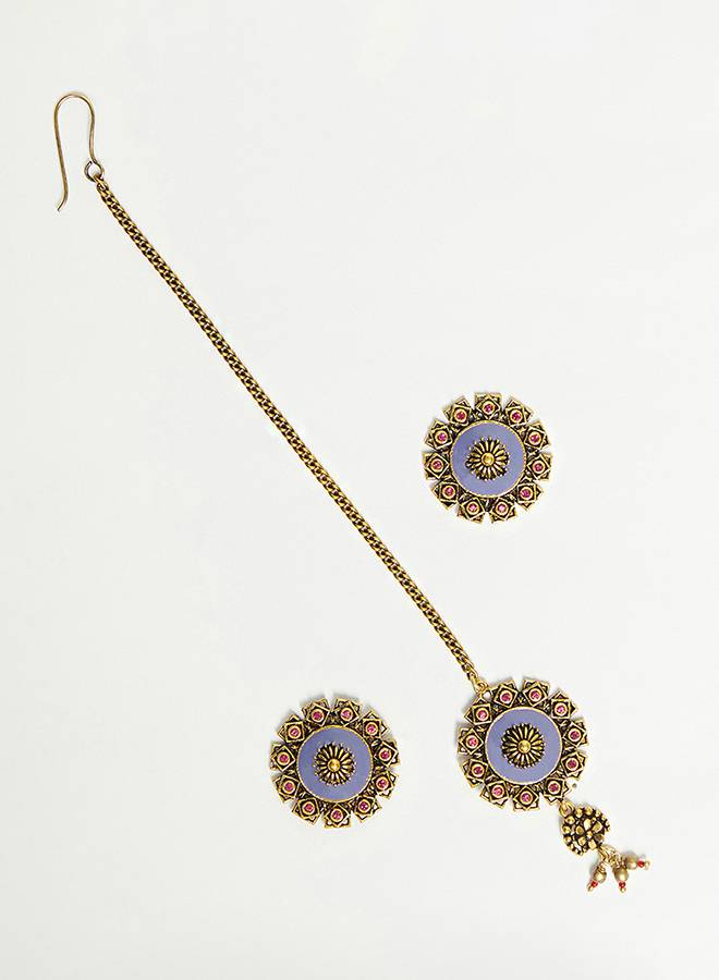 Arabian Nights Blue Enamel Faux Pearls Brass Antique Gold Plated Maang Tika Set : 8905124444544