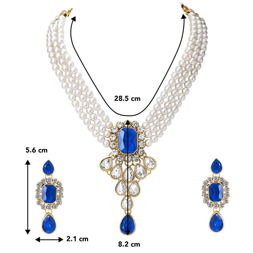 Blue Crystal Pearl Choker Necklace And Drop Earring Traditional Jewellery Set For Women & Girls : PF24N01B