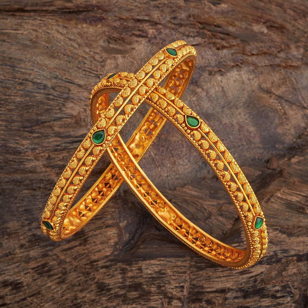 Kushal'S Fashion Jewellery Green Gold-Plated Ethnic 92.5 Pure Silver Temple Bangle : 431323