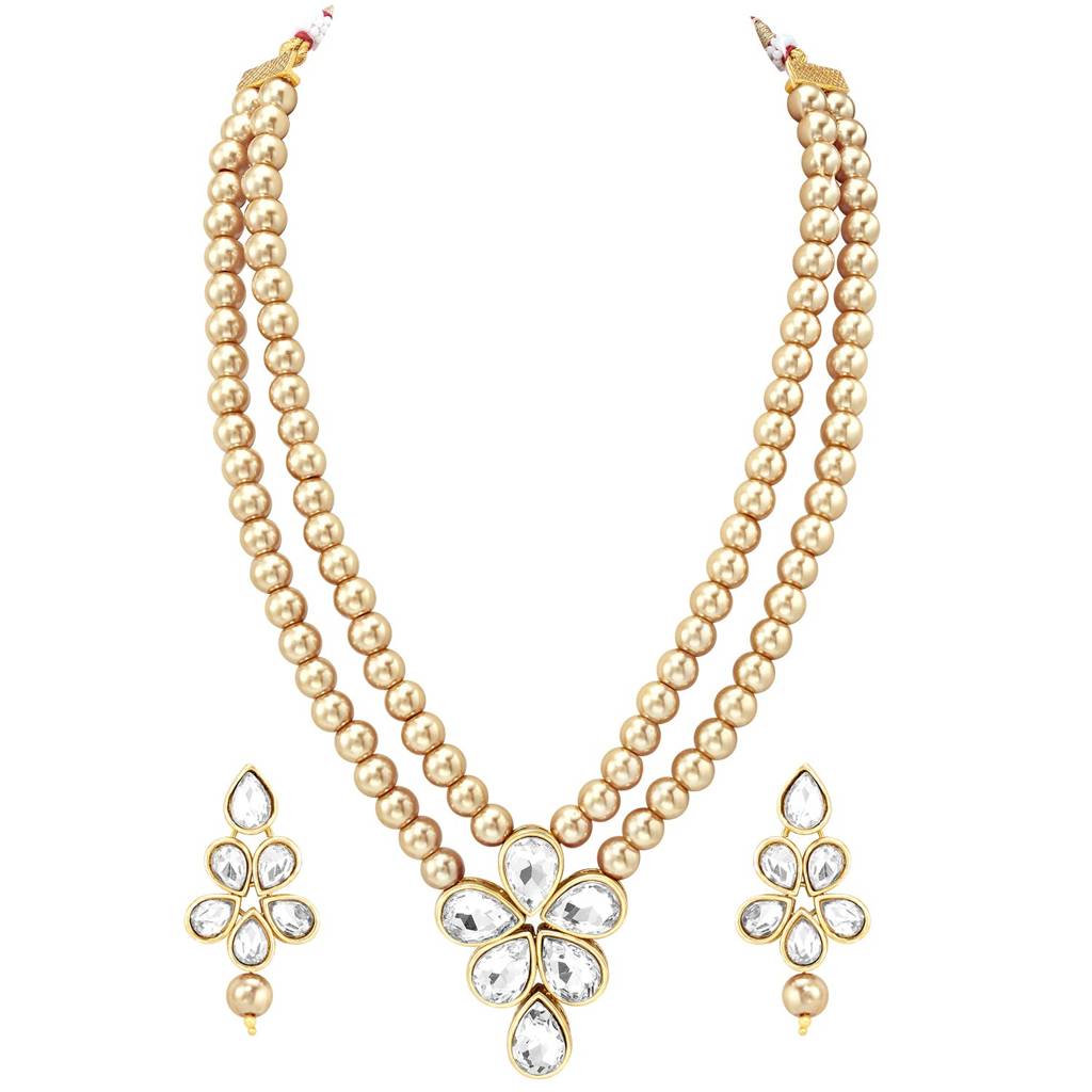 Crystal Faux Pearl Long Necklace With Drop Earrings Traditional Ethnic Jewellery Set For Women Girls-Pf24N184 : PF24N184LCT