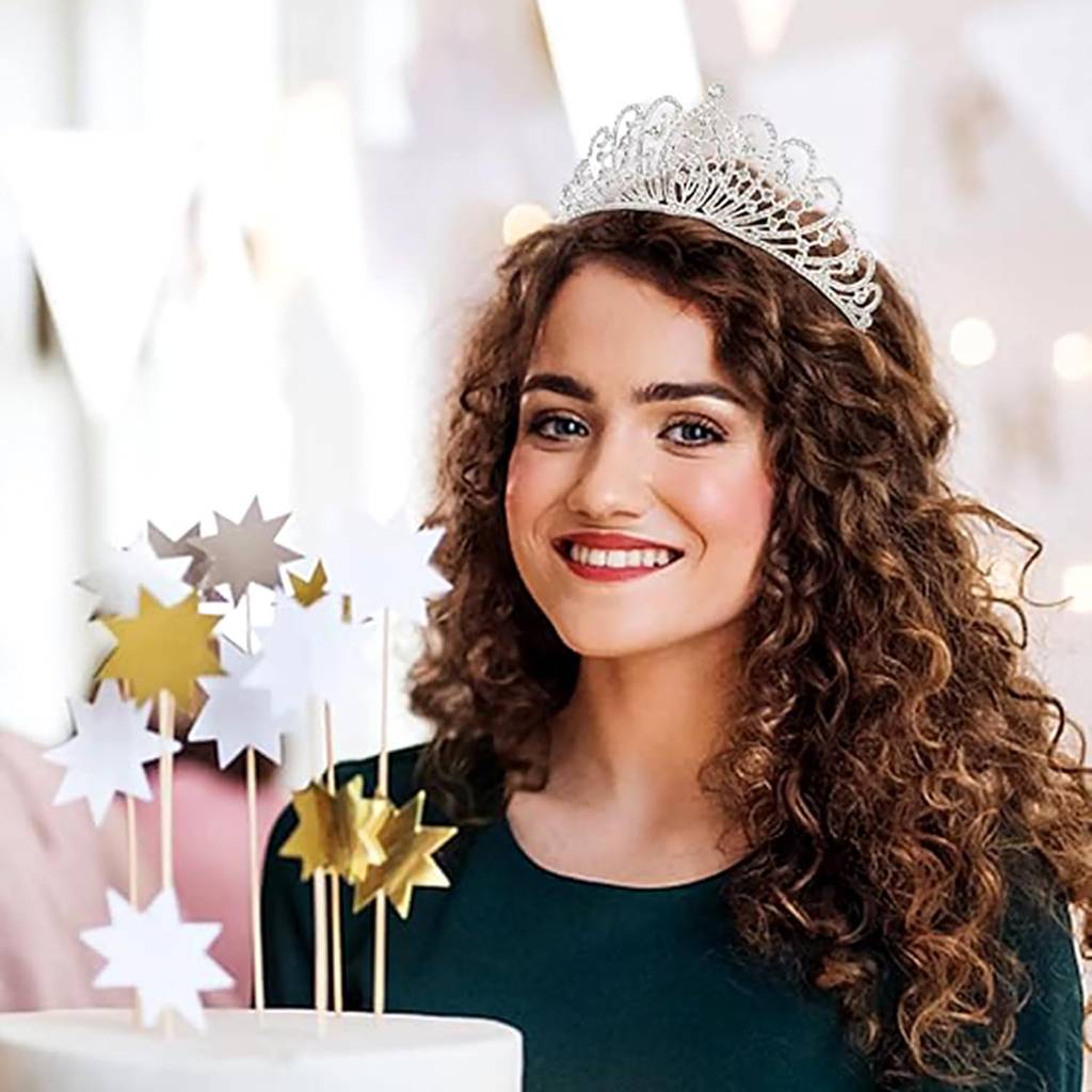 Silver Plated Cubic Zirconia Studded Princess Tiara Crown For Girls & Women Birthday Gift Hair Accessories : PX9CW16