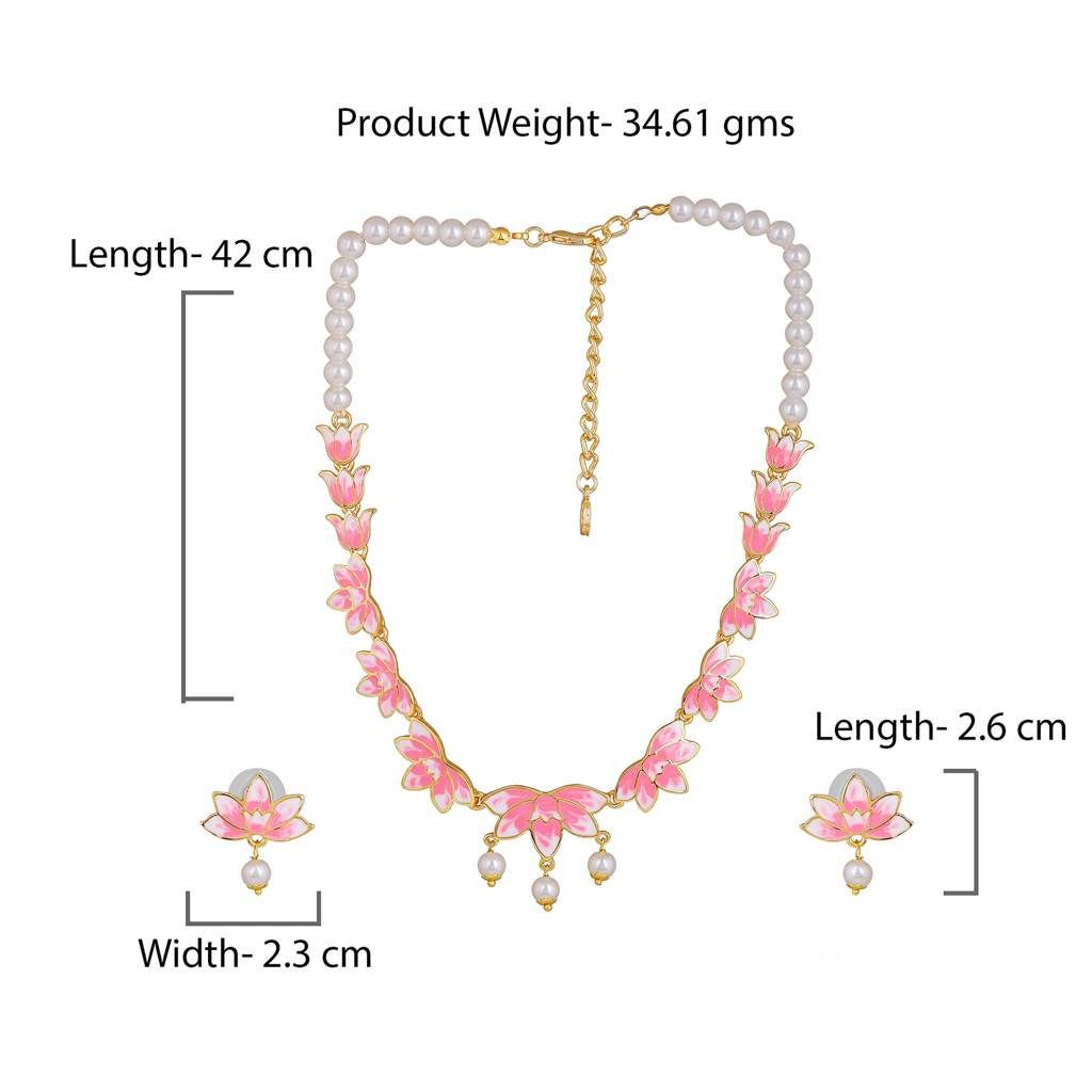 Estele Gold Plated Fascinating Lotus Designer Pearl Necklace Set With Pink Enamel For Girl'S & Women : 10196-IGNKER