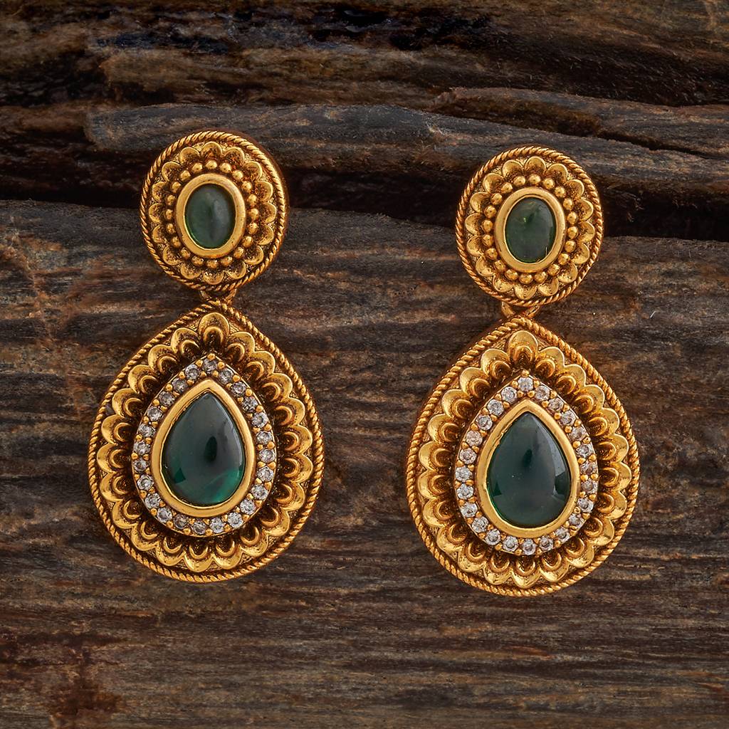 Kushal'S Fashion Jewellery Green Gold-Plated Ethnic Antique Earring Drop Earrings-182375 : 435579