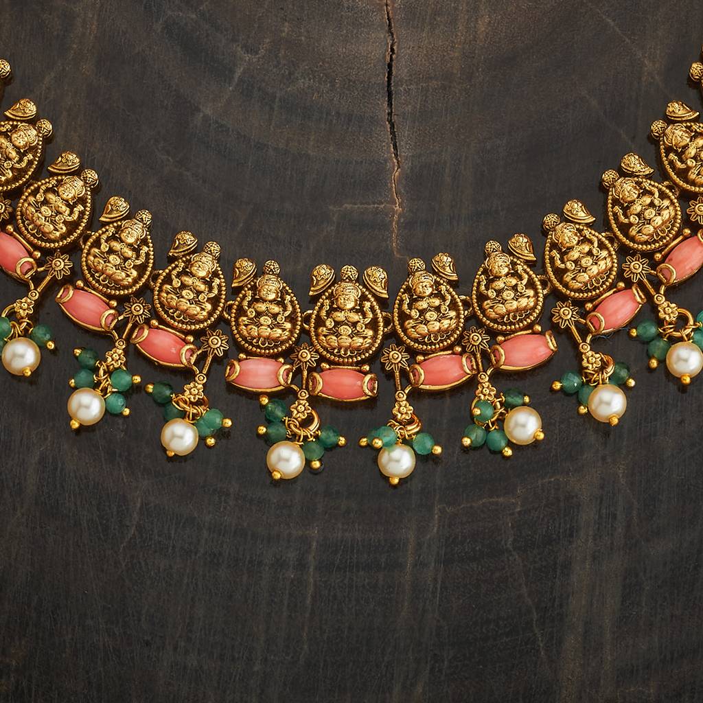 Kushal'S Fashion Jewellery Green Gold-Plated Ethnic Antique Necklace Set-185555 : 442545
