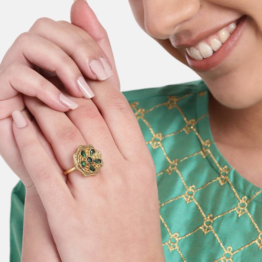 Estele Gold Plated Flower Designer Matte Finish Finger Ring With Green Crystals For Women : AD-152-IGGNRING