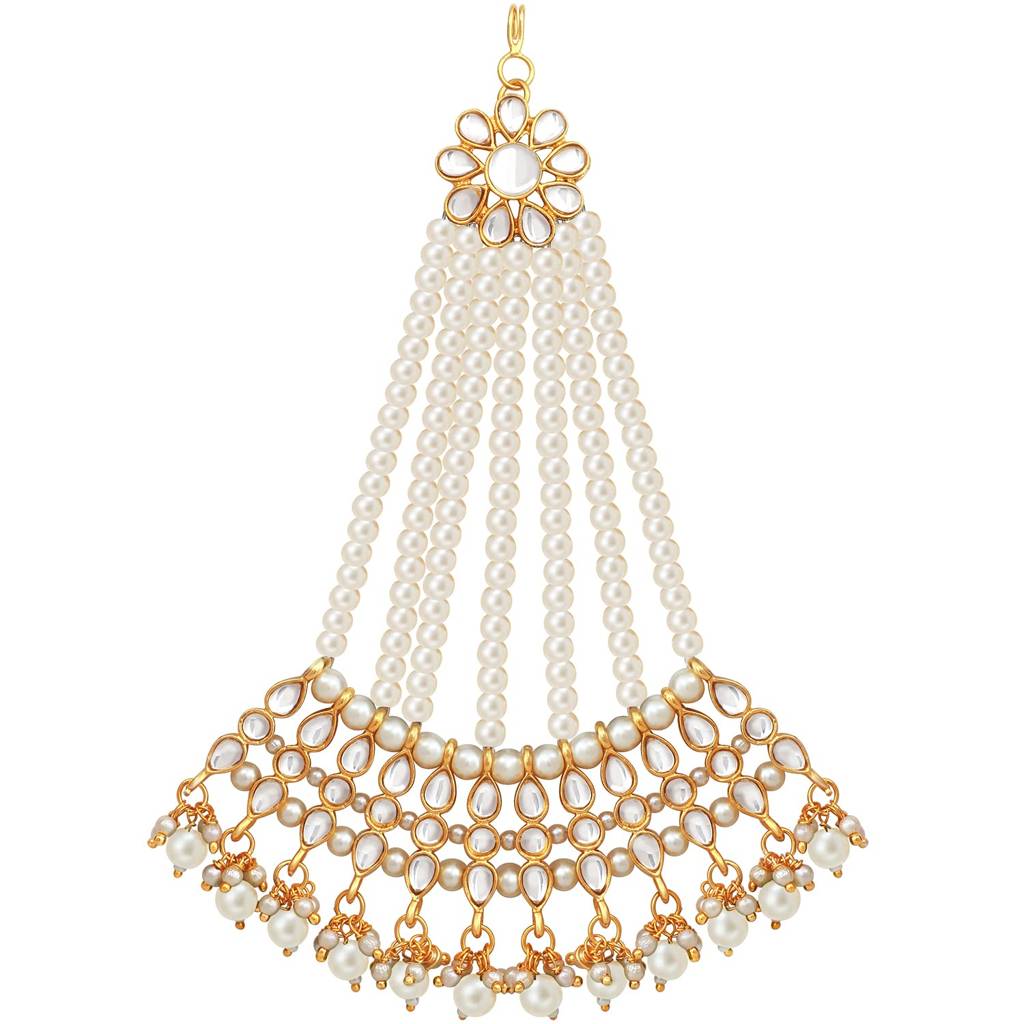 Gold-Plated & White Kundan Pearl Studded & Beaded Jhumar Passa Womens Jewellery : PF28TK606W