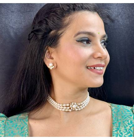 Sri Jagdamba Pearls Zivah 3 Lines Pearl Choker Set : JPDEC-23-007