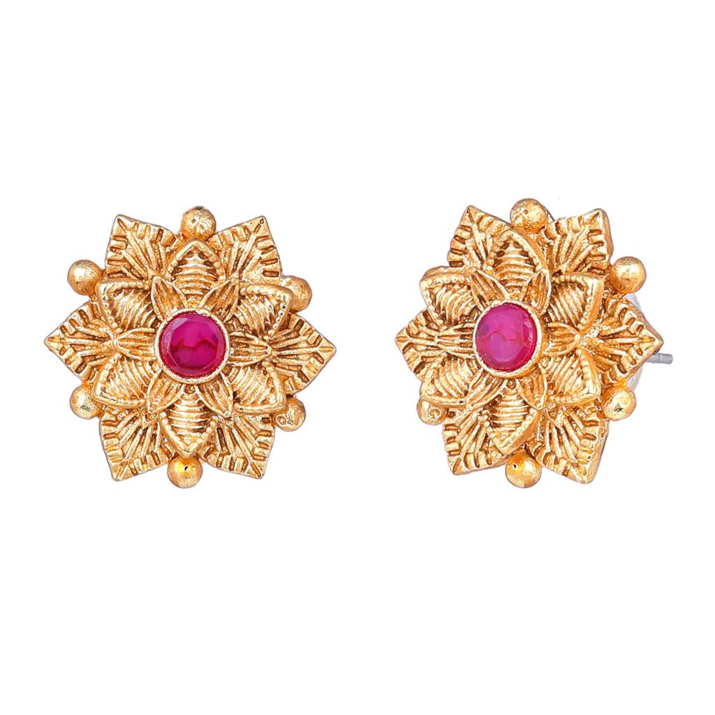 Estele Gold Plated Flower Designer Matte Finish Stud Earrings With Ruby Crystals For Women. : AD-116715-IGRBER