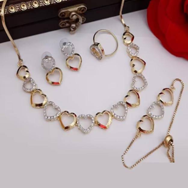 lry Combo Of Choker Necklace Set For Women: Gold & Rhodium Plated White American Diamond Trendy Heart : OSAKCOM008-2TNWENKERBRFN