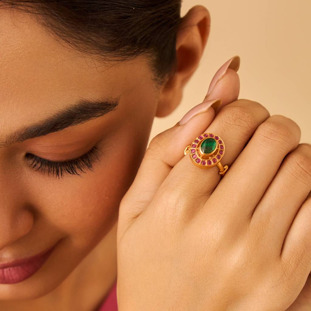 Kushal'S Fashion Jewellery Ruby-Green Gold-Plated Ethnic 92.5 Pure Silver Temple Rings-148613 : 413151