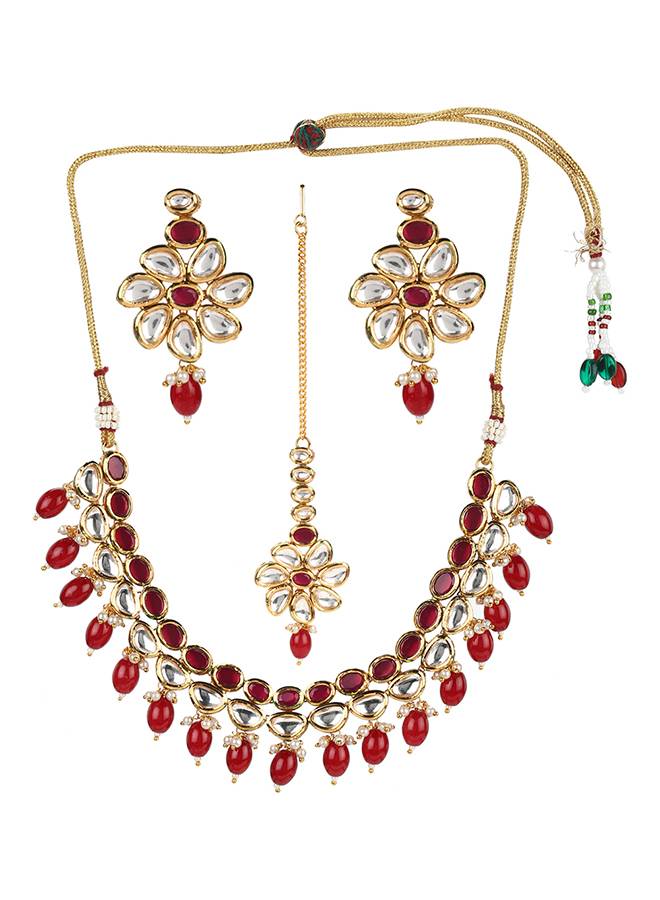Kundan Gold Plated Necklace Set With Red Stones And Beads : 8905124437942