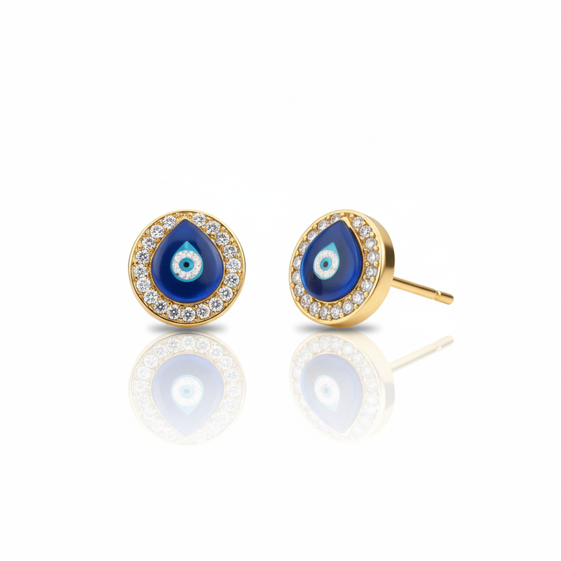 Teardrop Blue Enamel Evil Eye Stud Earrings : TGDEE-5-Y