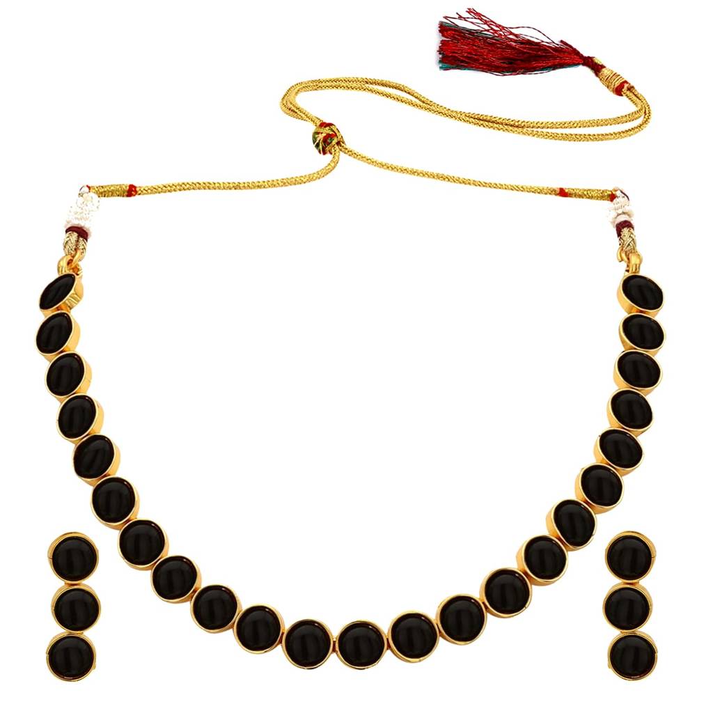 Gold Plated Choker Necklace With Drop Earrings Traditional Jewellery Set For Women Girls-Pf04N3392 : PF04N3392BL