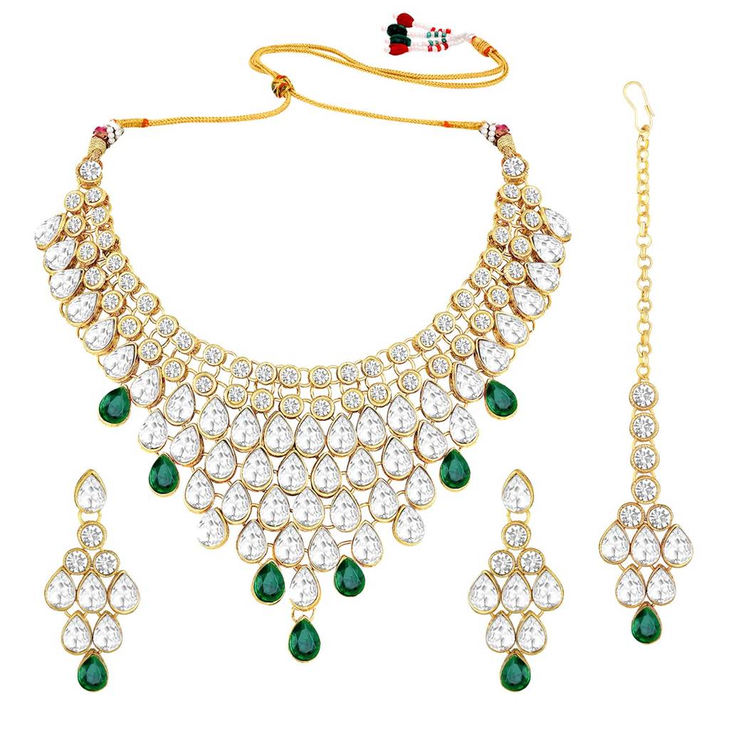 Gold-Plated Brass And Kundan Jewellery Set With Earrings Mang Tika For Women & Girls-Pf25Brc002 : PF25BRC002G