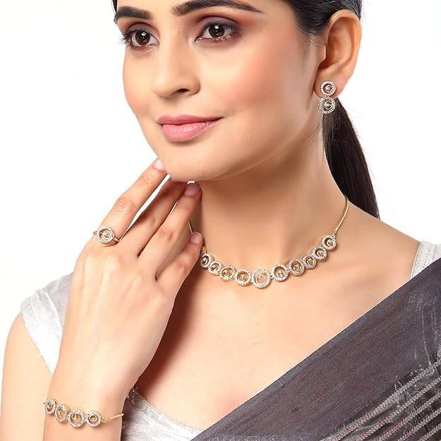 lry Combo Of Choker Necklace Set With Earrings, Bracelet & Ring For Women-Gold & Rhodium Plated White : OSAKCOM005-2TNWENKERBRFN