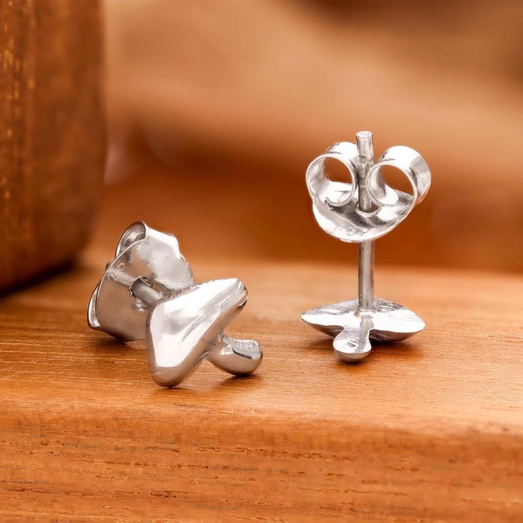 925 Silver Mushroom Stud Earrings | Nature Fungi Jewelry Gift : SE_000871