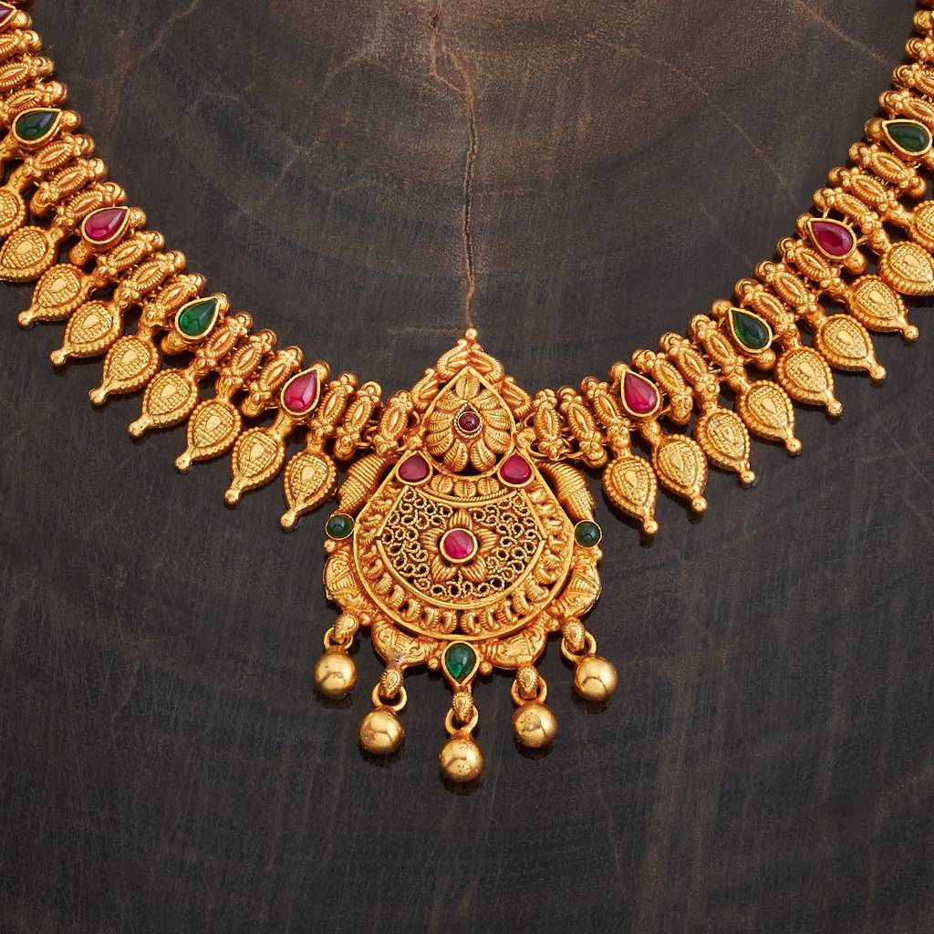 Kushal'S Fashion Jewellery Ruby-Green Gold-Plated Ethnic 92.5 Pure Silver Temple Necklace-177342 : 425266