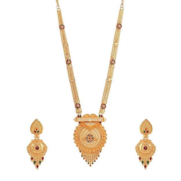 Gold Finish Temple Necklace Set With Traditional Pendant & Earrings For Bridal Wear : OSAK003-IGMCNKER
