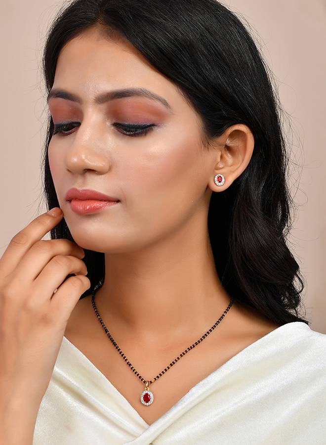 Sparkling Essential Red Cz Studded Oval Gold Plated Mangalsutra Set : 8905124495188
