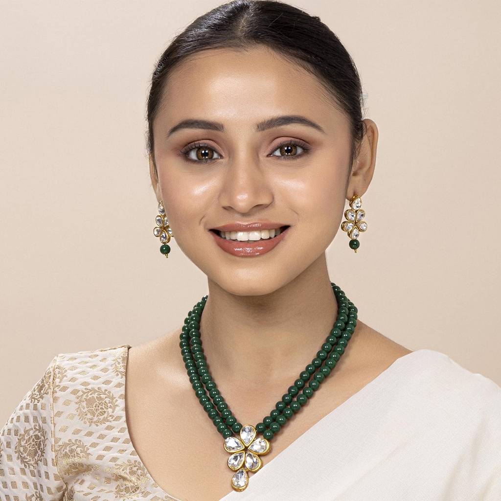 Crystal Faux Pearl Long Necklace With Drop Earrings Traditional Ethnic Jewellery Set For Women Girls-Pf24N184 : PF24N184G