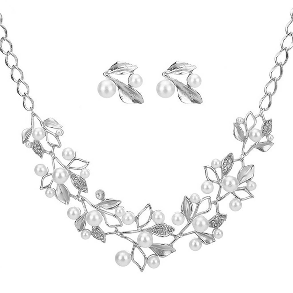 Silver Plated Peal Leaf Nature Inspired Necklace Earring Set For Women & Girls : PX9N04S