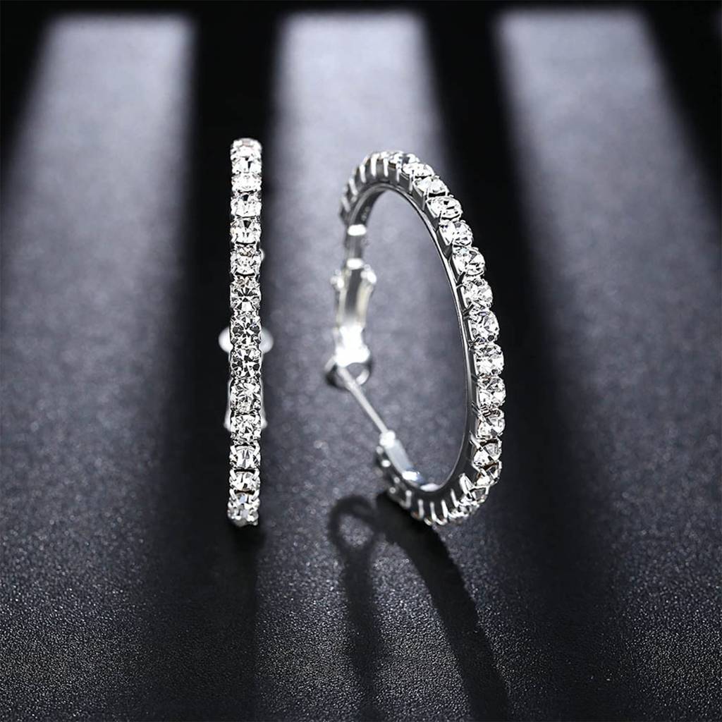 Silver Plated American Diamond Studded Hoop Earrings Office Work Wear Fashion Jewellery Gift For Women & Girls (Px8E : PX8E161