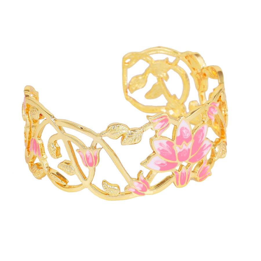 Estele Gold Plated Pink Enamel Lotus Designer Gorgeous Cuff Bracelet For Girl'S & Women : AD-059-IGBR