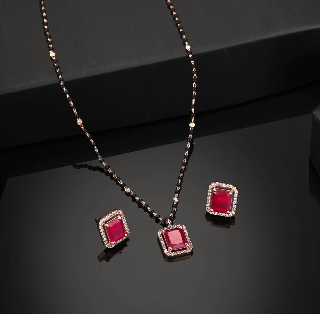 Estele Rose Gold Plated Cz Square Designer Mangalsutra Necklace Set With Ruby Stone For Women : ADMS041-RGRBNKER