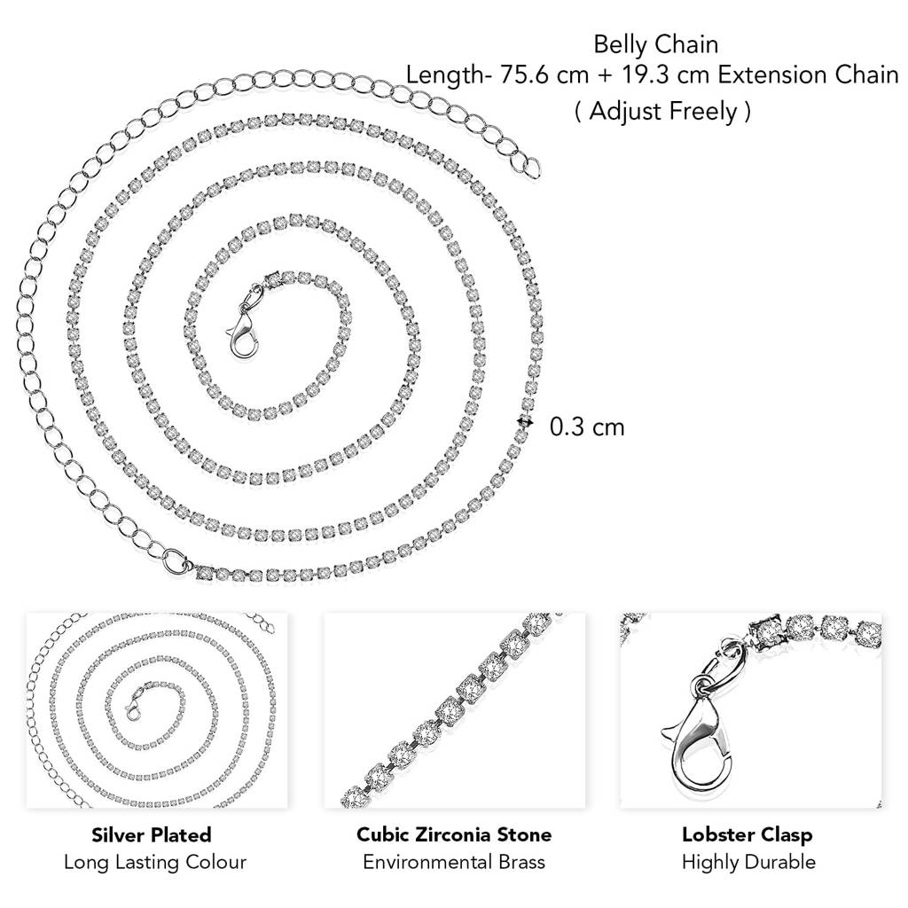 Silver Plated Cubic Zirconia Studded Body Chain Kamarbandh Dress Belly Waist Chain Belt Jewellery For Women & Girls : PX8BCH009S