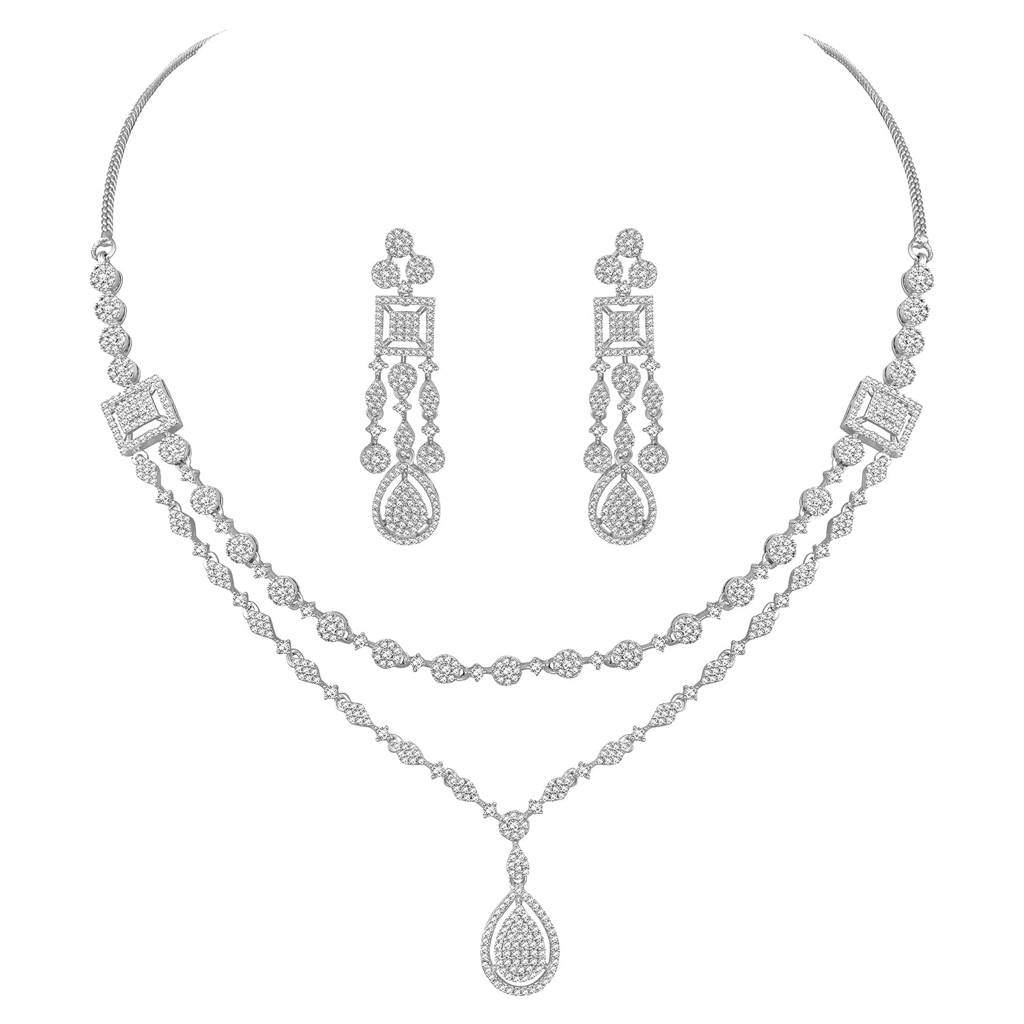 Cubic Zirconia Studded Two Layer Pendant Style Necklace & Drop Earrings Fancy Western Jewellery Set For Women-Pf67 : PF67N107S
