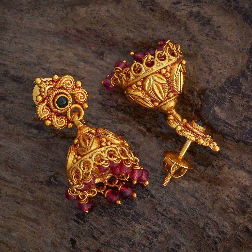 Kushal'S Fashion Jewellery Ruby-Green Gold-Plated Ethnic 92.5 Pure Silver Temple Jhumkas-174158 : 417981