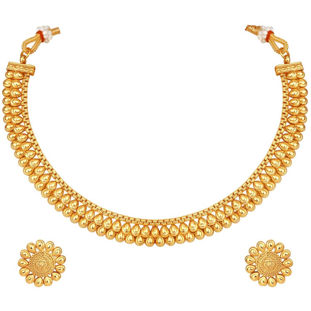 Gold Plated Indian Traditional Choker Necklace With Studded Earrings Jewellery Set Gift For Women Girls : PF27N01