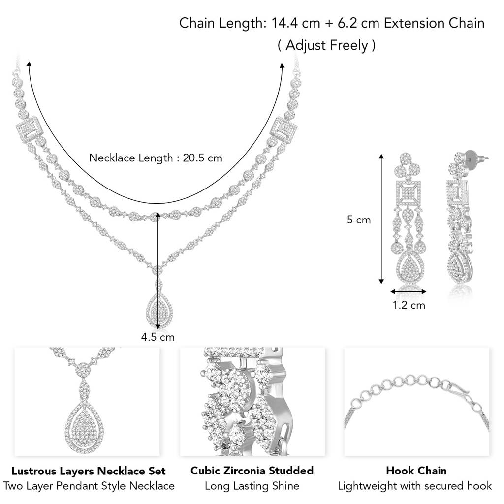 Cubic Zirconia Studded Two Layer Pendant Style Necklace & Drop Earrings Fancy Western Jewellery Set For Women-Pf67 : PF67N107S