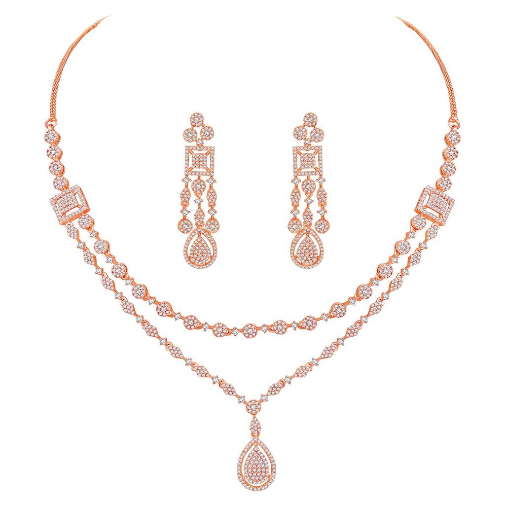 Cubic Zirconia Studded Two Layer Pendant Style Necklace & Drop Earrings Fancy Western Jewellery Set For Women-Pf67 : PF67N107C