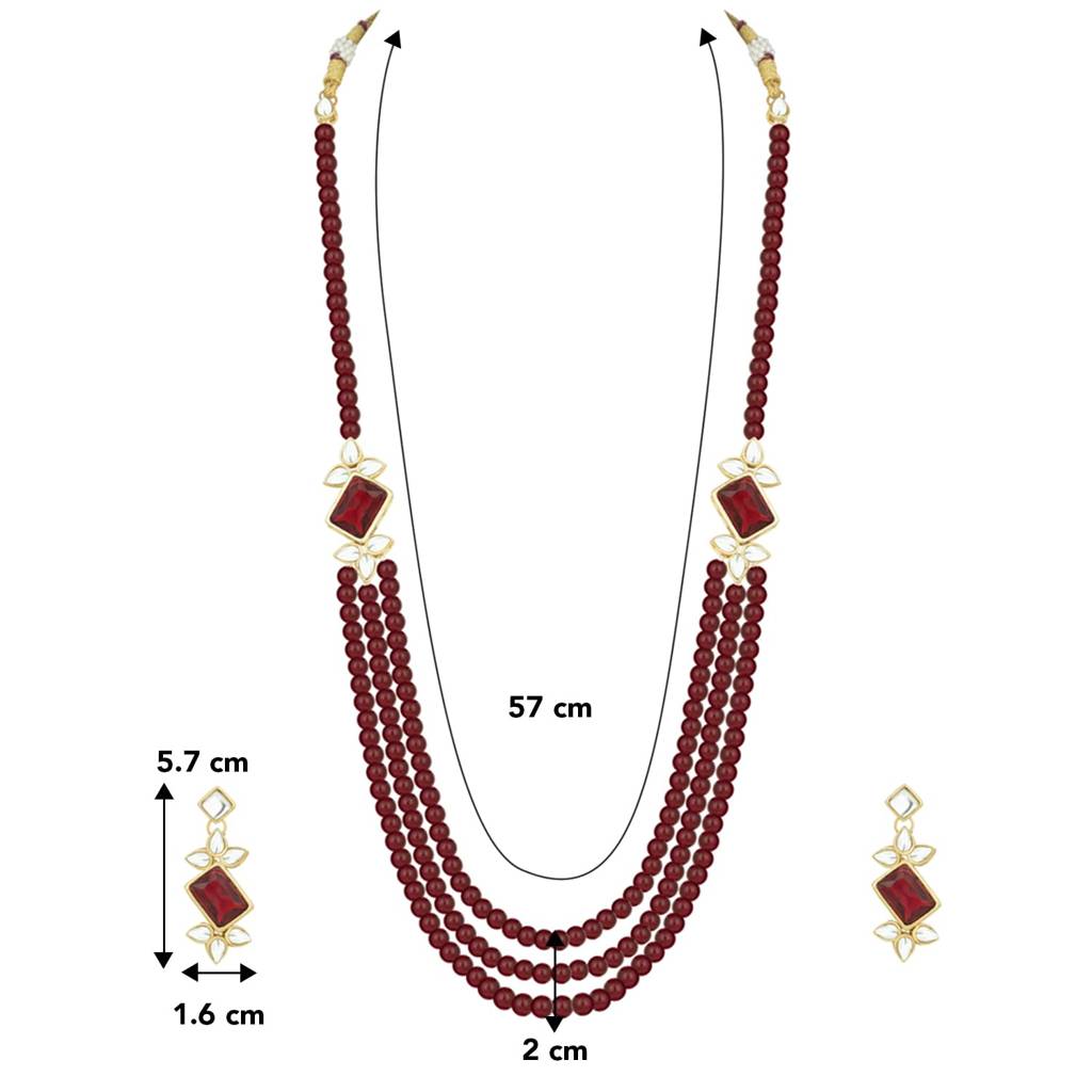 Gold Plated Bridal Maroon Pearl Kundan Multi-Strand Necklace Traditional Indian Jewellery Set For Women With Earri : PF25N014M