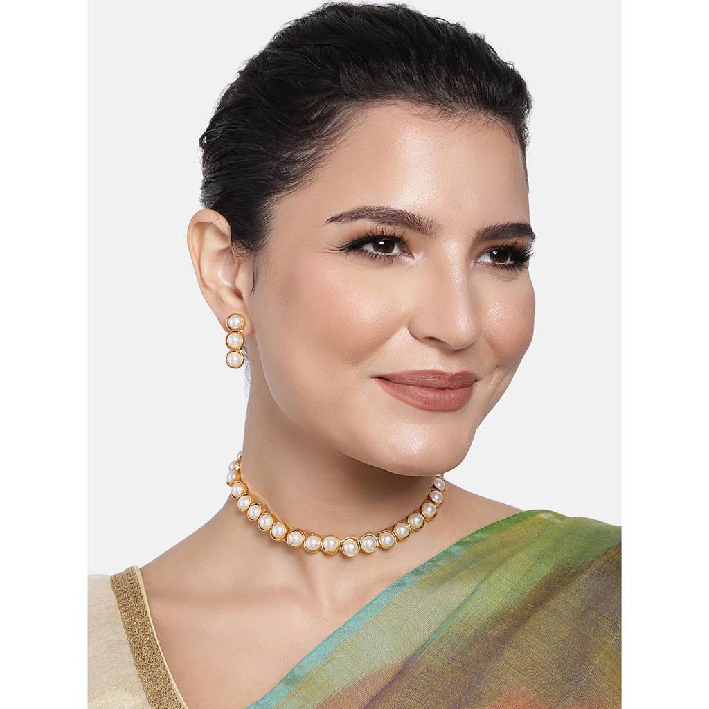 Gold Plated Choker Necklace With Drop Earrings Traditional Jewellery Set For Women Girls-Pf04N3392 : PF04N3392W