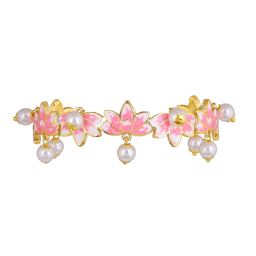 Estele Gold Plated Pink Enamel Lotus Designer Charismatic Pearl Drop Cuff Bracelet For Girl'S & Women : AD-060-IGBR