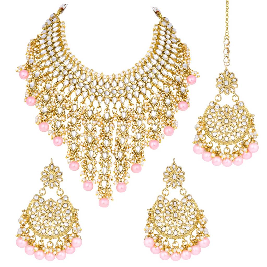 Traditional Kundan & Pearl Drop Bridal Dulhan Necklace Earring With Maang Tikka Jewellery Set For Women Girls-Pf : PF25N1177PK