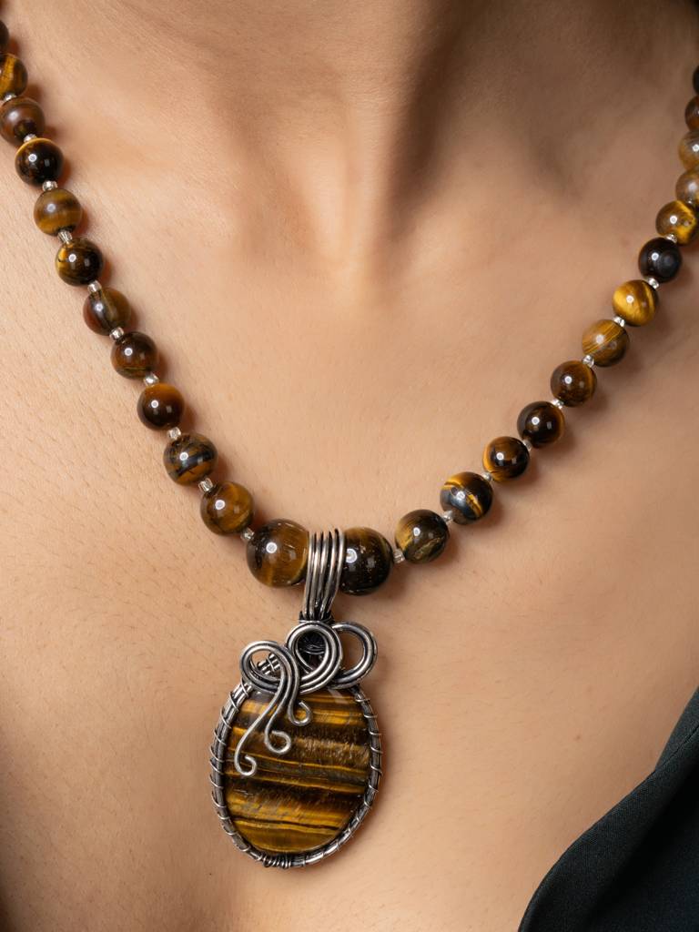 Handmade Designer Golden Brown Tiger Eye Stone Necklace Set : LAANP176