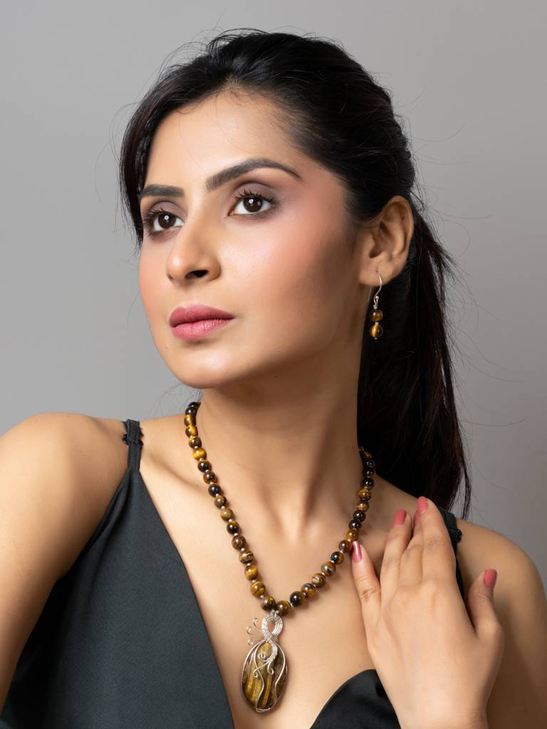 Handmade Designer Golden Brown Tiger Eye Stone Necklace Set-Laanp175 : LAANP175