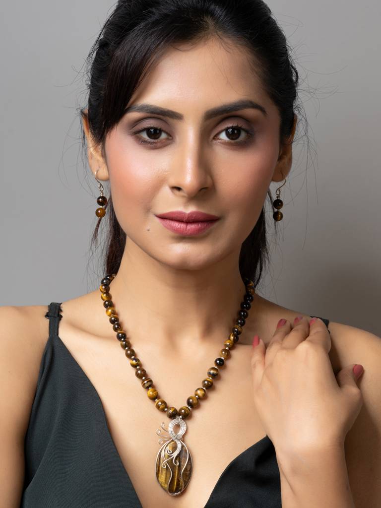 Handmade Designer Golden Brown Tiger Eye Stone Necklace Set-Laanp175 : LAANP175