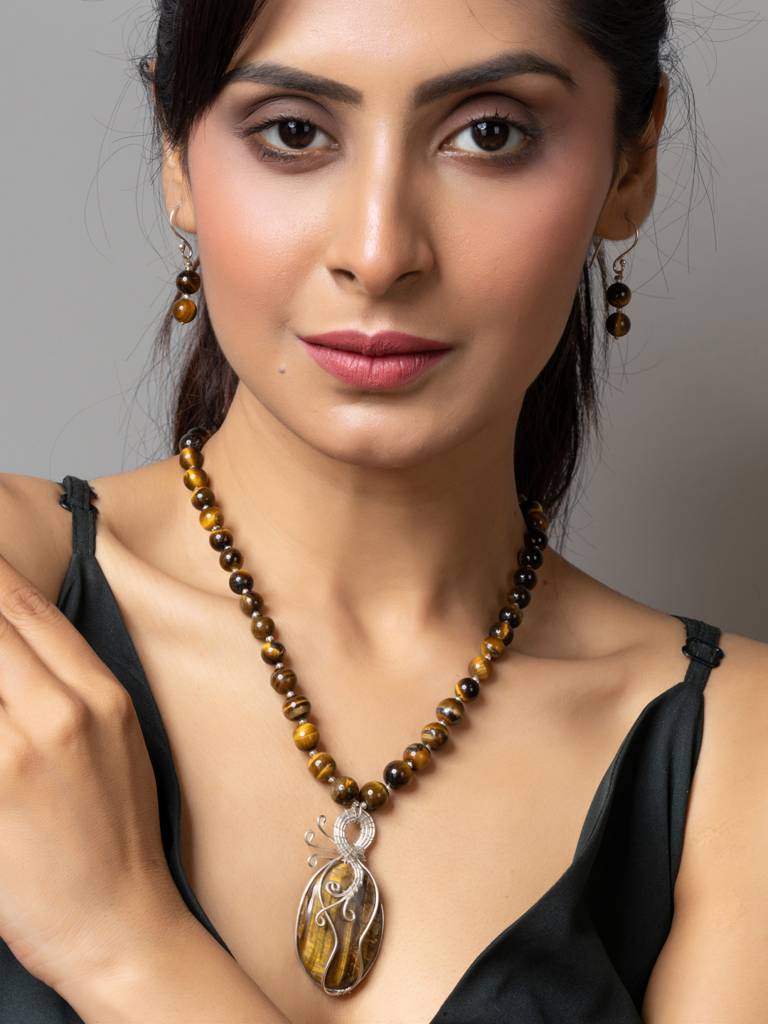 Handmade Designer Golden Brown Tiger Eye Stone Necklace Set-Laanp175 : LAANP175