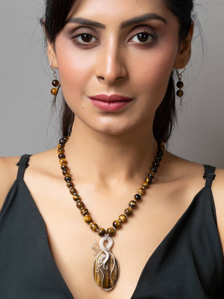 Handmade Designer Golden Brown Tiger Eye Stone Necklace Set-Laanp175 : LAANP175
