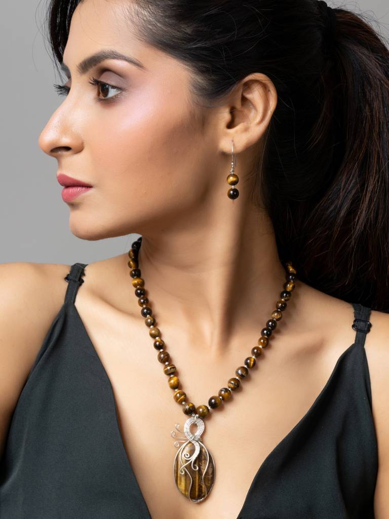 Handmade Designer Golden Brown Tiger Eye Stone Necklace Set-Laanp175 : LAANP175