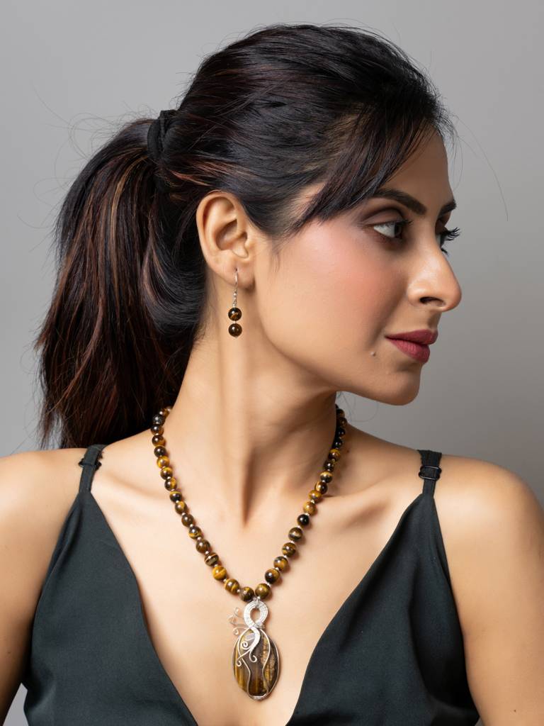 Handmade Designer Golden Brown Tiger Eye Stone Necklace Set-Laanp175 : LAANP175