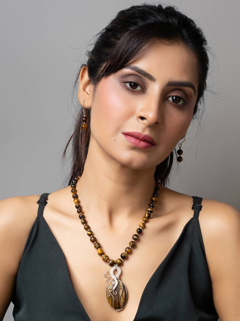 Handmade Designer Golden Brown Tiger Eye Stone Necklace Set-Laanp175 : LAANP175